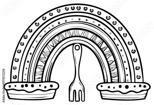 Whimsical illustration of a fork beneath a decorative patterned rainbow arch flanked by pie crusts