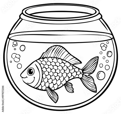 Cartoon goldfish swimming in a glass bowl with bubbles, black and white illustration
