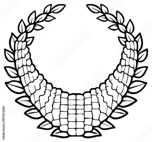 Decorative Wreath with Reptile Scale Pattern: Circular Element with Leaves and Reptilian Texture