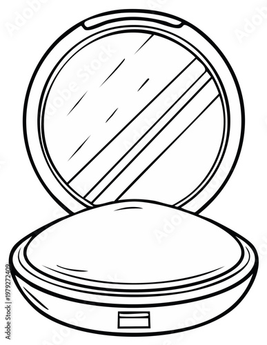 Open compact powder case with mirror and puff illustration