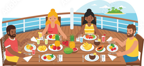 Friends Dining Together on Cruise Ship Deck with Tropical Island View Summer Vacation Food and Drinks Flat Vector Illustration Set