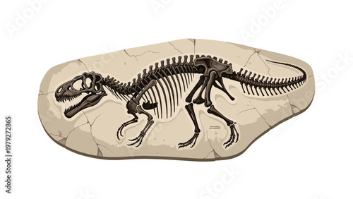 Detailed dinosaur skeleton fossil embedded in a large light colored stone slab depicted against a white background.