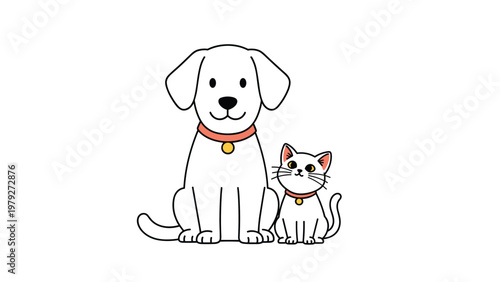 Cute illustration of a white dog and a small white cat sitting peacefully together against a white background.