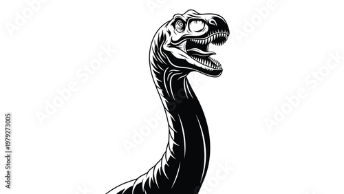 Stylized black and white illustration of a prehistoric dinosaur head and long neck with an open mouth pose.