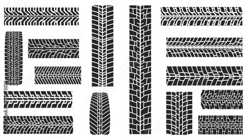 Collection of various black tire tread marks and patterns showing different wheel tracks on a white background.