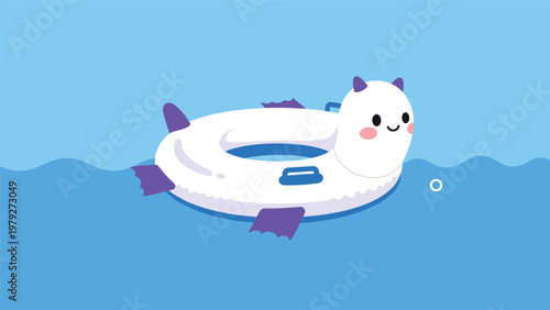 Adorable white cat shaped inflatable swim ring floating on calm blue water ripples under a bright sunny sky.