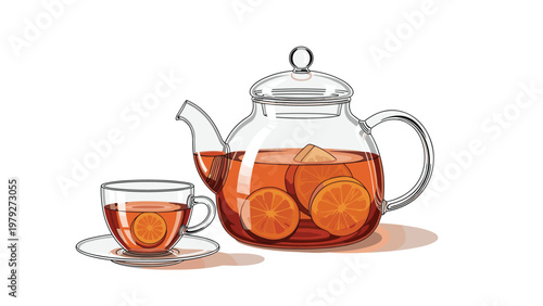 Elegant glass teapot and matching cup filled with warm orange tea and fresh citrus slices on a white background.