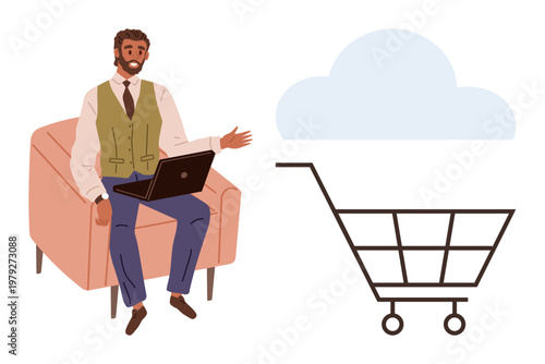 Online shopping, cloud storage, e-commerce, remote work, business strategy, digital marketing. Man with laptop gestures toward cloud and shopping cart. Online shopping and cloud storage concept