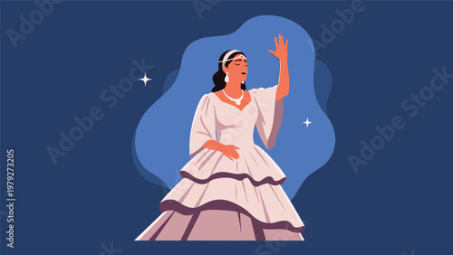 Elegant woman in a white tiered dress performing a song or a theatrical act on a dark blue artistic background.