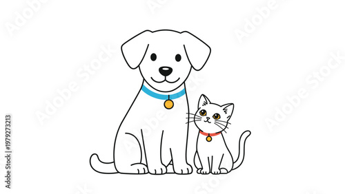 Charming illustration of a white dog and a white cat sitting side by side with colorful blue and red collars.