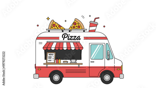 Charming pizza food truck with slice decorations on the roof and a full menu displayed at the serving window for customers.