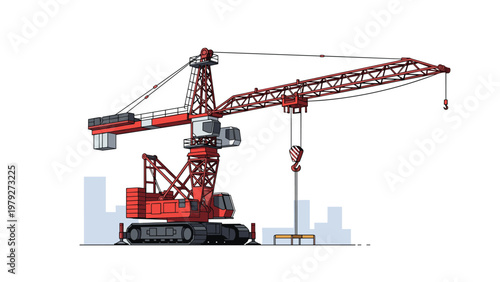 Large red tower crane stands tall at a construction site with a simplified city skyline silhouette in the distant background.
