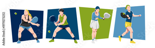 Set of female padel players. Isolated on white background. Flat graphic vector illustration.