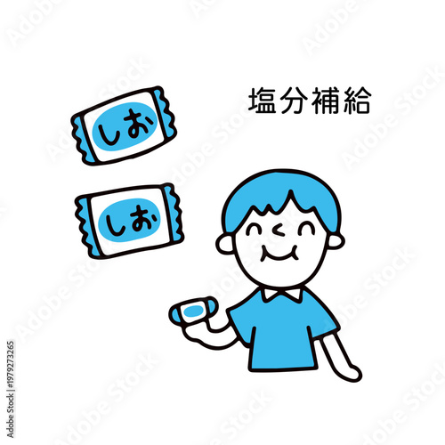 塩分補給をする男性と塩分が入ってる飴のイラスト