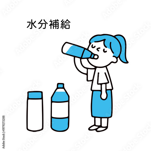 水分補給をする女性とペットボトルと水筒のイラストセット