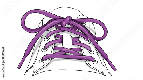 Close-up of vibrant purple shoelaces tied in a neat bow on a white canvas sneaker shown from a top-down perspective illustration.