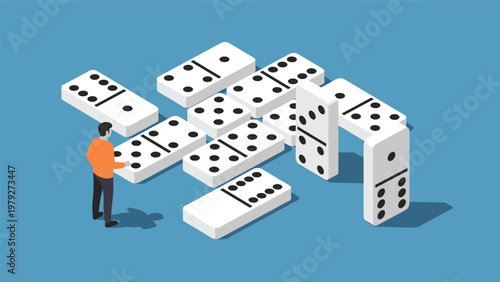 Conceptual illustration of a small man standing next to giant white dominoes falling over in a chain reaction on a blue background.