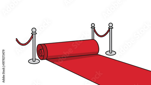 Classic red carpet unrolling on the floor between two sets of silver stanchions and velvet ropes for a luxury event or premiere scene.