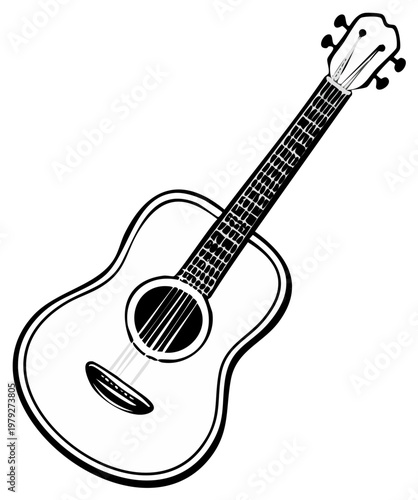 Acoustic Guitar Illustration in Black and White, Musical Instrument Vector