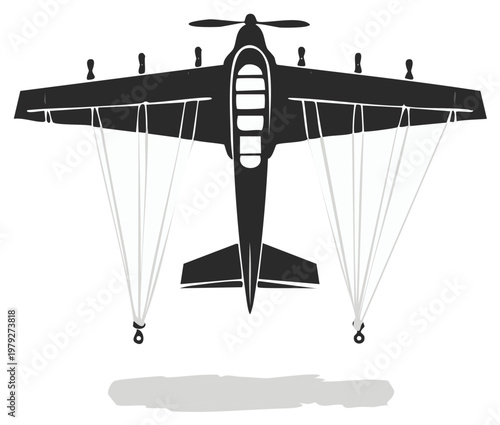 Aerial crop duster airplane with spray nozzles and parachute deploying during flight