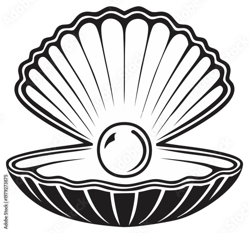 Open Seashell with Pearl Illustration: Black and White Clam Shell, Marine Life Concept, Elegant Ocean Icon with a Gemstone