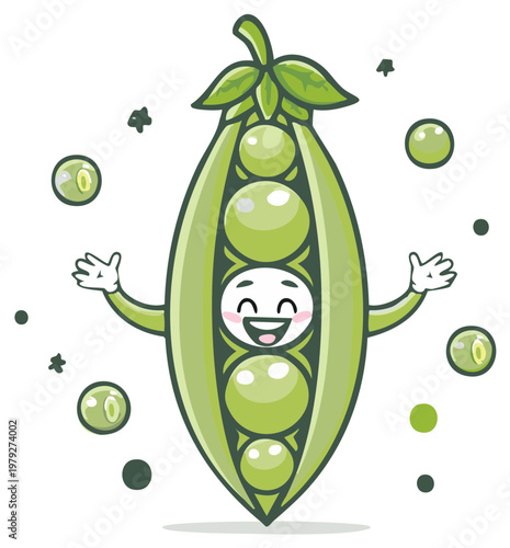 Cartoon peas in pod with happy face and outstretched arms, comic style vector illustration