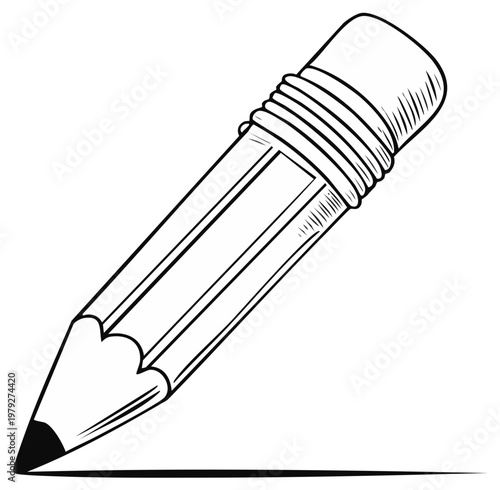 Pencil Drawing Line Art: simple sketch of a wooden pencil with eraser tip writing a single line