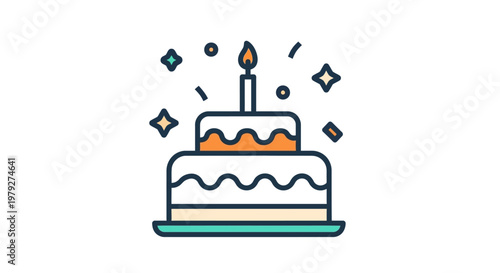 Birthday Cake with Single Lit Candle.