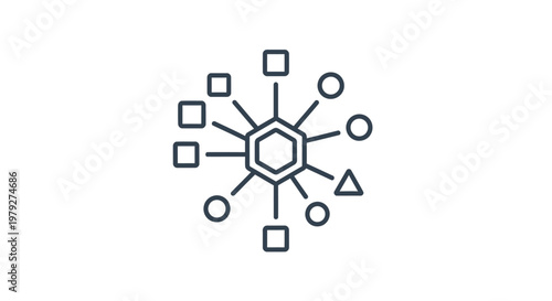 Black and white molecular structure icon.