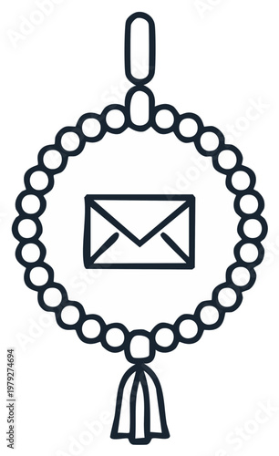 Circular meditation prayer beads with a mail envelope icon inside, spiritual communication concept illustration