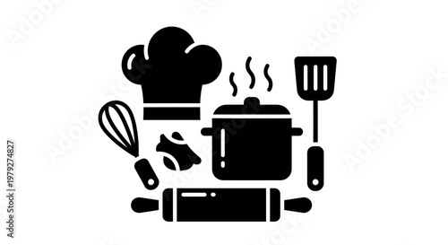Black silhouette cooking utensils and pot.