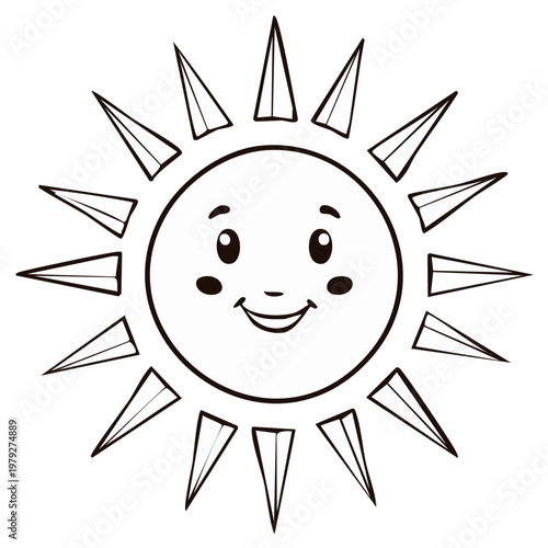 Cheerful cartoon sun character with smiling face and pointy rays for coloring