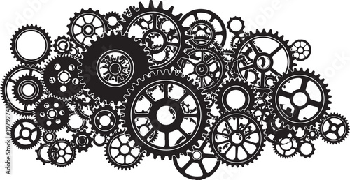 Intricate black gears and cogs on white background illustration