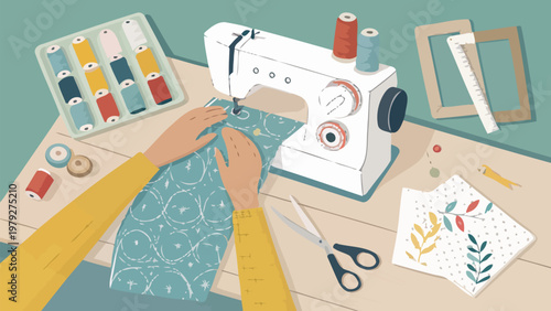 Hands guiding fabric under a sewing machine with thread spools and scissors on a wooden table for textile crafting