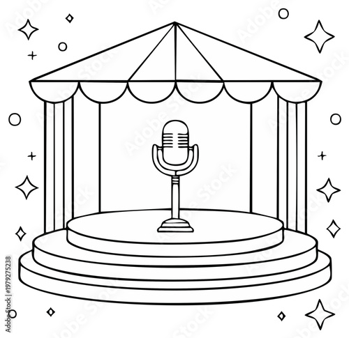 Retro Microphone on Stage with Circus Tent Roof Illustration