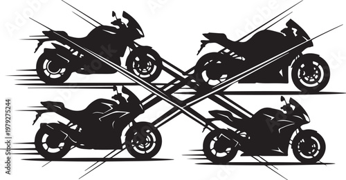 Silhouette of four motorcycles in motion on white background