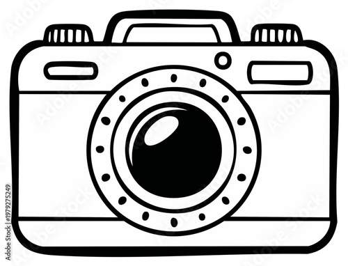 Black and white hand drawn camera illustration, graphic design