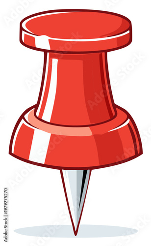 Vibrant red thumbtack with sharp metal point and round flat head isolated on white background