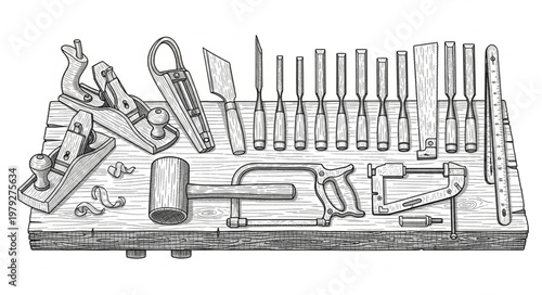 Collection of various woodworking hand tools.