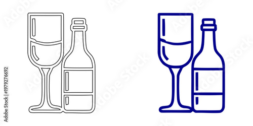 Wine bottle and glass icon for restaurant menu or bar branding in navy blue minimalist vector line art style