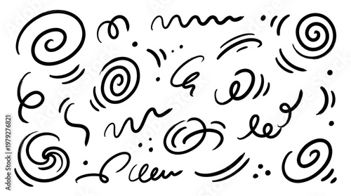 Abstract hand-drawn doodle pattern featuring swirls, spirals, curves and scattered dots