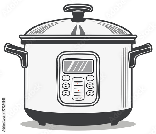 Modern electric multicooker kitchen appliance with digital display and control panel line art illustration