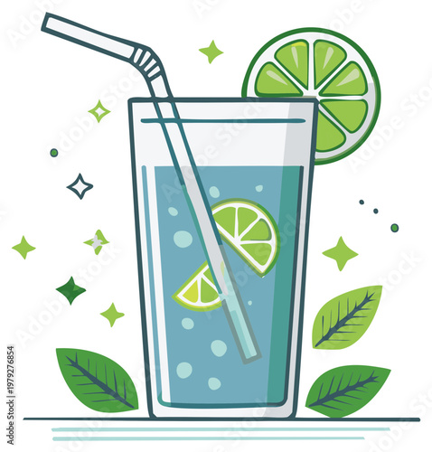 Fresh lime drink with straw and leaves illustration. Cold beverage concept. Cocktail artwork.