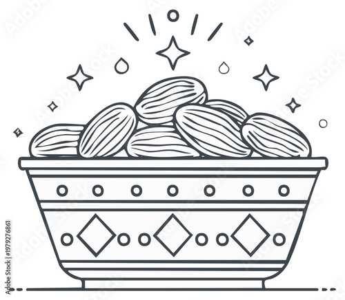 A decorative bowl filled with plump dates and sparkling stars in a simple line art style