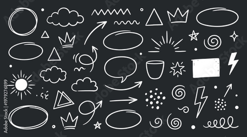 Chalkboard doodles and hand-drawn icons for brainstorming, education, design ideas, and creative thinking on a blackboard background.