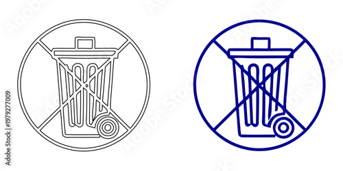 No littering prohibition sign with trash bin icon in navy blue minimalist vector line art style
