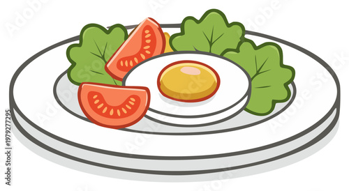 Illustration of a plate with a fried egg, tomatoes, and lettuce.