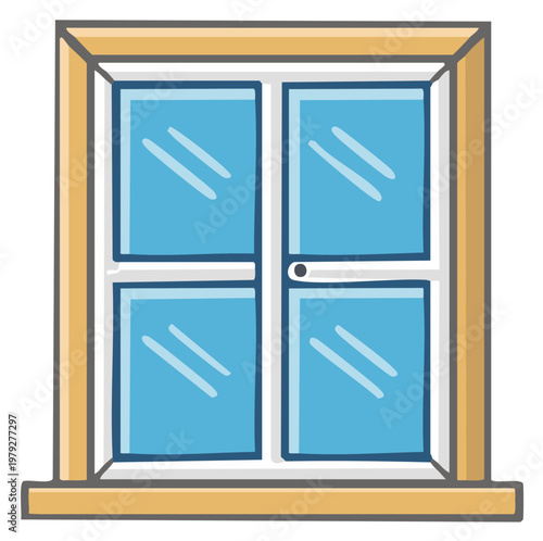 Cartoon Window Illustration with Blue Glass Panes