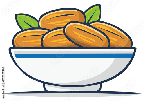 Bowl of Ripe Dates with Leaves Sweet Fruit Still Life Cartoon Illustration