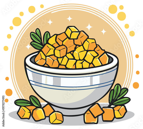 Cartoon bowl filled with diced yellow orange cubes and green garnish fresh food illustration graphic
